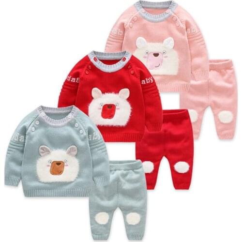 Ins Popular Baby Girls Suit 2018 Autumn Cartoon Pattern Children Set for Girls Tops+Pants 2pcs Knitted Newborn Sets Toddler Suit