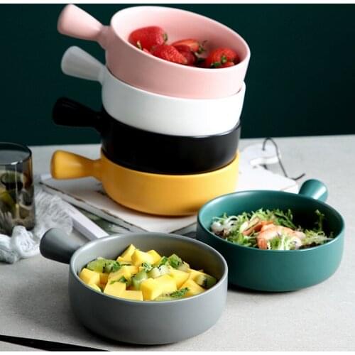 Nordic Handle Ceramic Plate Baking Plate With Breakfast Fruit Salad Plate Household Oven Special Baked Rice Plate Bowl