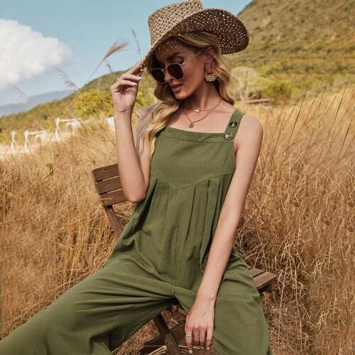Beautiful Womens 2021 Summer New Loose Solid Color Fashion Casual Workmens Sling Sleeveless Jumpsuit