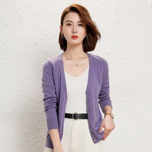 Hot Sale Top Grade Fashion Soft Sweaters Women 100% Wool V-neck Knit ladies Winter New Cardigan Standard Clothes