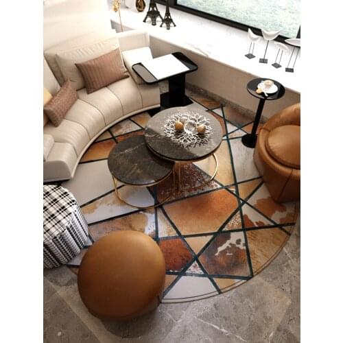 American Style Round Shape Genuine Brown Cowhide Skin Fur Patchwork Rug, Real Leather Handmade Customized Villa Carpet