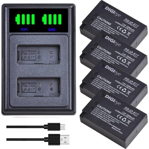 4pcs LP-E17 LPE17 LP E17 Camera Battery + LED Dual Charger for Canon EOS Rebel T7i, T6i, T6s, SL2,EOS M6, M5, M3, 77D, KISS X8i