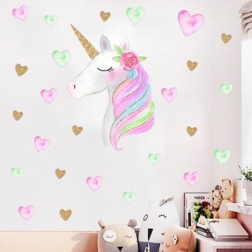 Ins Unicorn Hearts Wall Stickers for Kids Room Baby Girls Rooms Bedroom Decor Cute Cartoon Animal Wallpaper Kids Room Decoration