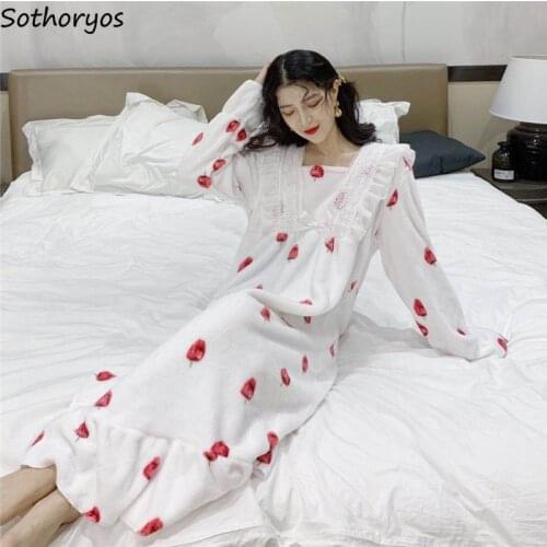 Nightgowns Women Sweet Pink Printed Lace Square Collar Long Soft Ruffled Coral Velvet Comfortable Warm Princess Kawaii Ulzzang