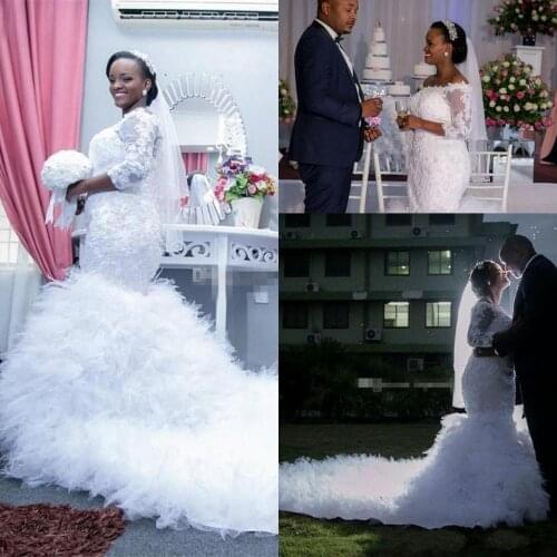 2021 New African Big Train Lace Mermaid Wedding Dress Plus Size Bridal Gown Wedding Gowns