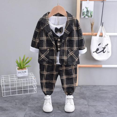 Autumn Children Baby Clothes Kids Boys Plaid Suit Long Sleeve Vest+T-shirt Pants 3Pcs/Set Toddler Fashion Cotton Clothing Infant