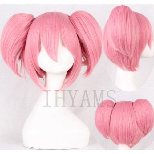 Madoka Kaname Cosplay Wig Puella Magi Madoka Magica Short Pink M Shape Styled Synthetic Hair Halloween Party Wigs + Wig Cap