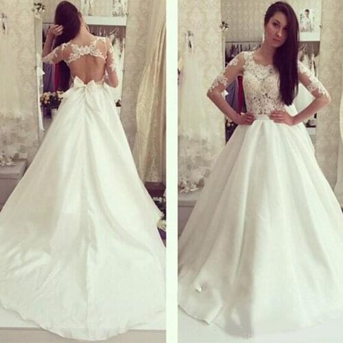A-line Beach Wedding Dresses Sexy Open Back Appliques Satin Sweep Train 3/4 Sleeve Bridal Wedding Gowns Vestido De Novia