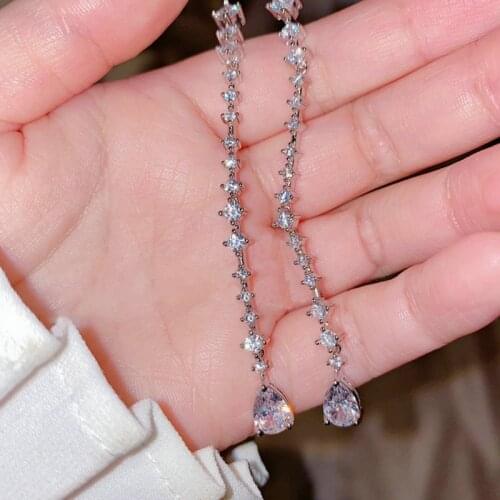Luxury Trendy Ladies Water Drop Zircon Pearl Long Tassel Earring 925 Silver Drop Earrings Elegant Crystal Chic Accessories