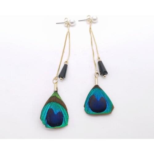 Western Style Real Peacock Feather Drop Earrings Gold Silver Color Long Tassel Chain Bohemian Earring For Woman Birthday Gifts