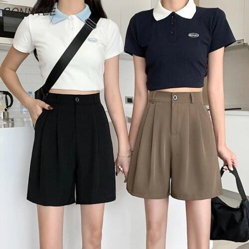 Summer Shorts Womens Retro All-match Simple Folds Soft Fashion High Waist Ulzzang New Fit Students Casual Daily Female Clothing