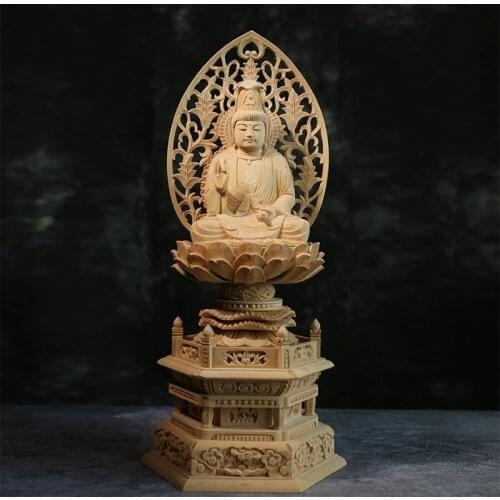 33cm Sitting Lotus Guanyin Bodhisattva Cypress Handmade Wood Carving Buddha Statue Home Feng Shui Decoration Buddhist Temple
