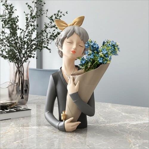 Modern Cute Bowknot Girl Hug Vase Resin Ornaments Home Livingroom Desktop Figurines Crafts Coffee Table Decoration Wedding Gifts