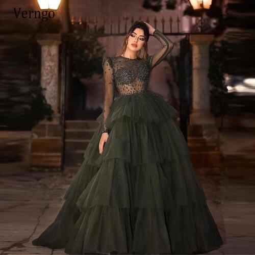 Verngo Dark Green Tulle Layers Skirt Ball Gown Prom Dresses Sheer Neck Long Sleeves Beads Diamond Luxury Dubai Evening Dress