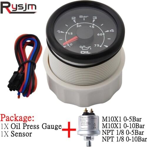 52mm Marine Boat Car Oil Pressure Gauge 0~10 Bar/ 0~5Bar With Sensor Waterproof Oil Pressure Meter with 7 Colors Backlight 9-32V
