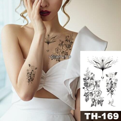 Waterproof Temporary Tattoo Sticker Rose Lotus Bird Pattern Water Transfer Under Breast Sternum Shoulder Body Art Fake Tattoo