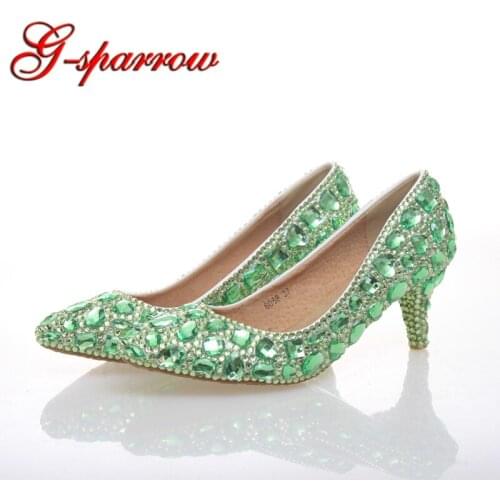 Green Rhinestone Pumps Wedding Party Shoes Middle Heel Pointed Toe Graduation Prom Dancing Shoes Crystal Mother of Bride Shoes