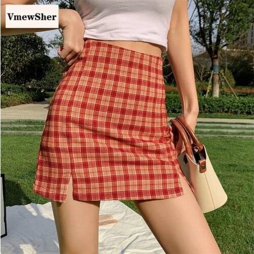 VmewSher New Sweet High Waist Split Short Skirt Women Plaid Mini Streetwear Tartan Light Blue Women A-line Skirts Saia Harajuku