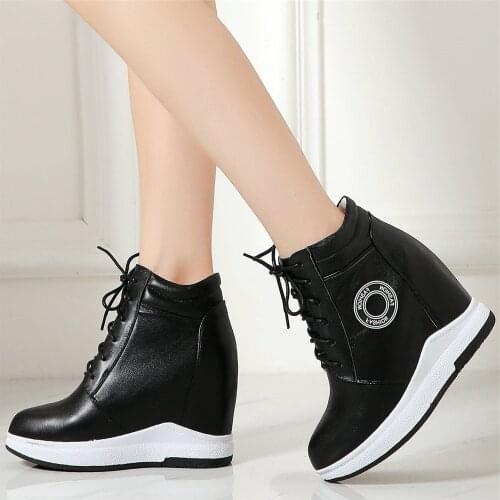 Plus Size Creepers Women Lace Up Leather Wedges High Heel Ankle Boots Female High Top Round Toe Fashion Sneakers Casual Shoes