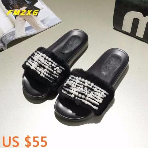 Womens Furry Slippers Flip Flops Summer High Quality Hair Fluffy Slippers Womens Fur Slippers rabbit Warm Slippers for Women