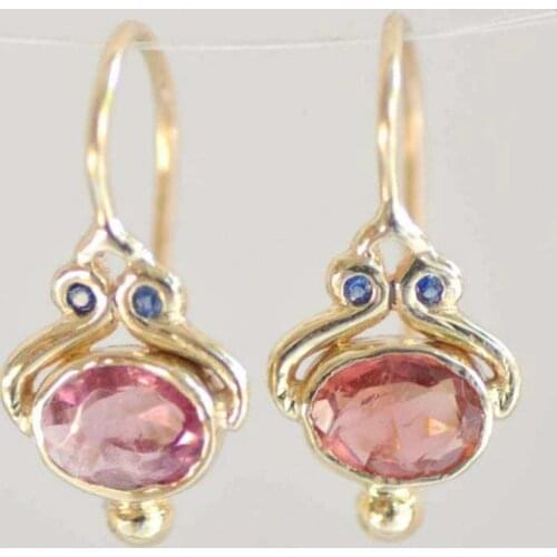 Unique S925 Gold Oval Pink Tourmaline Dangle Hook Earrings Women Jewelry Gifts