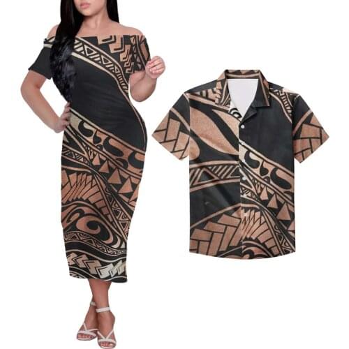 HYCOOL Polynesian Tribal Tattoos Print Women Plus Size Long Brown Dress Casual Wedding Couple Match Clothing Sleeveless Dresses