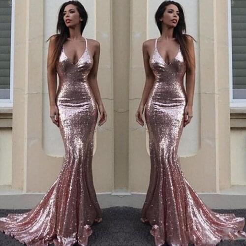 Rose Gold Sequin Lace Mermaid Evening Dresses Long Sexy V Neck Backless Evening Gowns Formal Dress Women Elegant Event Dresses