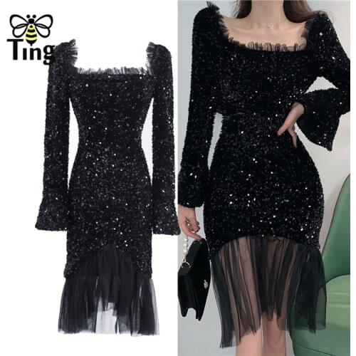 Tingfly Sexy Bodycon Ruched Luxury Sequined Glitter Shiny Party Night Dress Women Curve Sexy Dark Zevity Clubwear Dresses Elbise