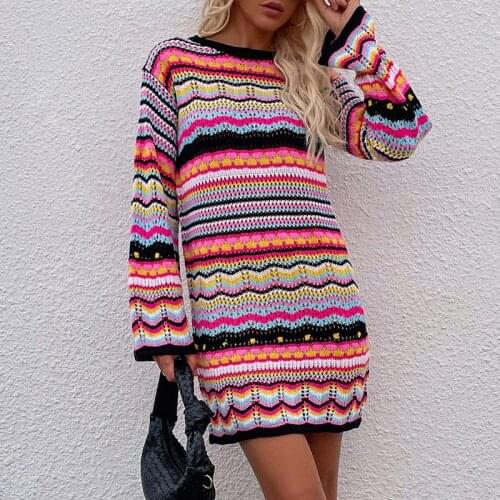 Rainbow Ribbed Knitted Dress for Women Autumn Retro Sweater Dresses Hollow Out Long Sleeve Striped Pullover Female 2021 Knit Top