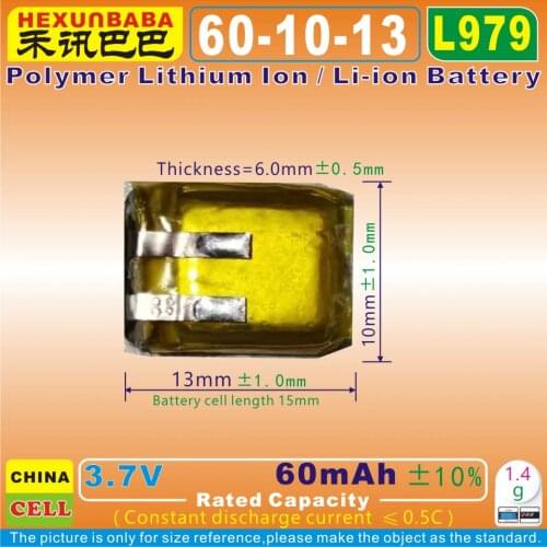 10pcs [L979] 3.7V 60mAh [601013] Polymer lithium ion / Li-ion battery for SMART WATCH,bluetooth earphone,mp3;dvr,mp4,GPS