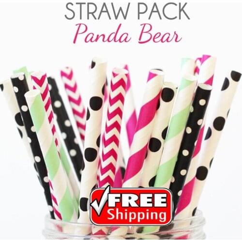 250pcs Mixed 5 Designs PANDA Bear Themed Paper Straws-Deep Pink,Black,Mint-Dot,Stripe,Chevron-Party,Wedding,Birthday,Girl,Pool