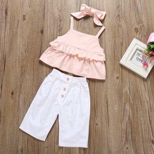 3PCS Toddler Kids Baby Girl Girl Clothes Children Kids Baby Girl Ruffle Sling Tops Long Pants 3PCS Outfits Sunsuit Size 1-6Y