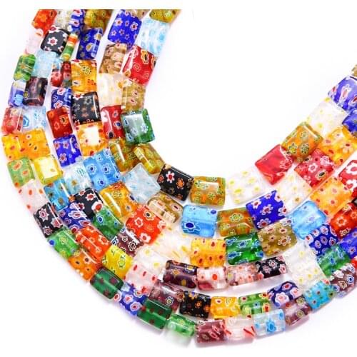 8x10mm 10x12mm 32-38Pcs Mix Color Flat Rectangle Flower Patterns Glass Lampwork Loose Beads for Bracelet Making DIY Jewelry