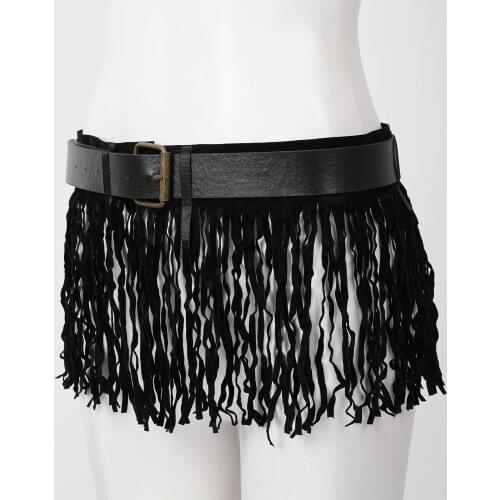 Black Adjustable Faux Leather Waistband Fringe Tassel Skirt Belt Women Sexy Nightclub Costume Cosplay Party Miniskirt with Belt