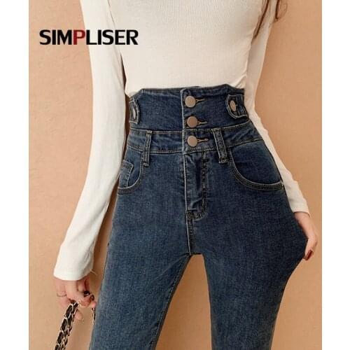 2020 Winter Autumn Denim Jeans Trousers Female Skinny Jeans Pencil Pants High Waisted Tight Denim Leggings Push Up Denim Buttons