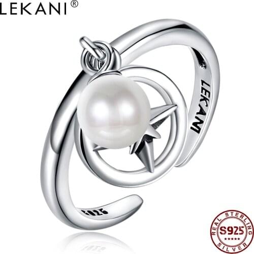 LEKANI 925 Sterling Silver Rings Women Artificial Pearl Retro Style Opening Adjustable Ring Anniversary Jewelry Simple Gift