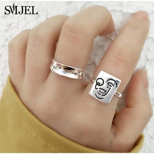 New Simple Concave Rings For Women Girls Cute Teasing Expression Rectangular Carved Ring Opening Adjustable Accessories 2021