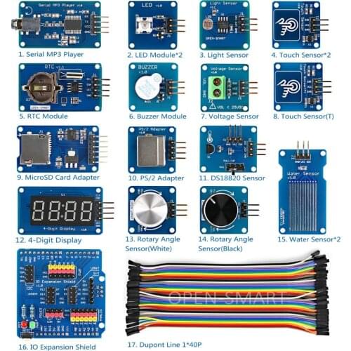 High Quality Sensor Kit with IO Expansion Board Sensor Shield RTC Buzzer LED 4-digit Display MP3 module Starter Kit for Arduino