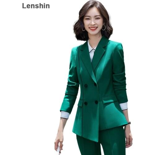 Lenshin Soft 2 Piece Set Formal Pant Suit Asymmetry Blazer Office Lady Uniform Design Women Business Jacket and Flare Pant
