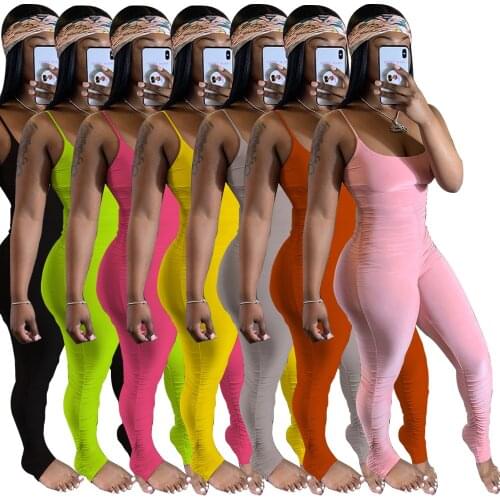 Summer Lace Up Jumpsuit Elegant Long Womens Overalls Causal Ruched Pants Playsuit Backless Neon Bodysuit 2020 Plus Size