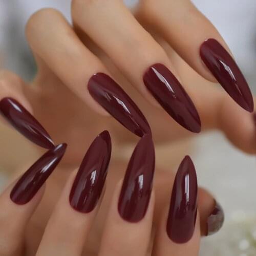 Glossy Burgundy Brown Red Press on False Nails Extra Long Stiletto Pointed UV Gel Sharp End Fake Fingersnails Easy Apply