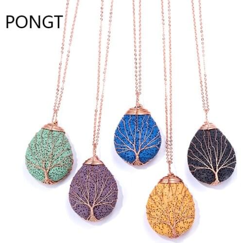 Natural stone tree of life pendant Lava stone Rose Gold Color Wrapped Drop Shaped healing crystal pendant quartz necklace