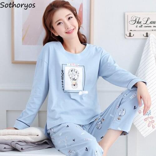 Large Size Pajama Sets Women Printed Long Sleeve Tops Ankle Length Pants M-3XL Cozy High Quality Nightwear Trendy Student Lounge