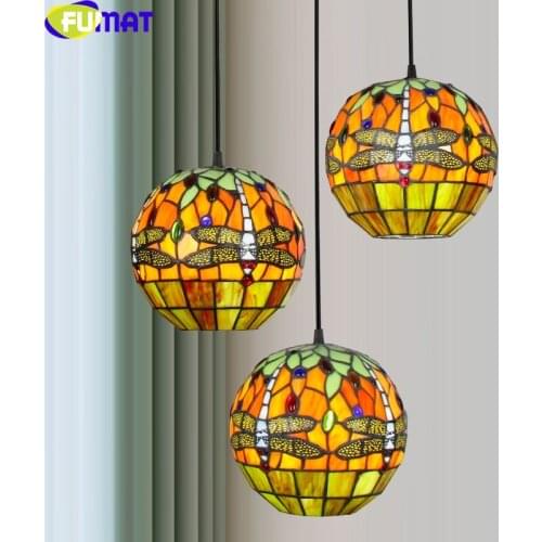 FUMAT Antique Dining Room Pendant Lamp Tiffany Style Stained Glass Ball Hanging Light Fixture Dragonfly Art Lighting 3 Heads E27