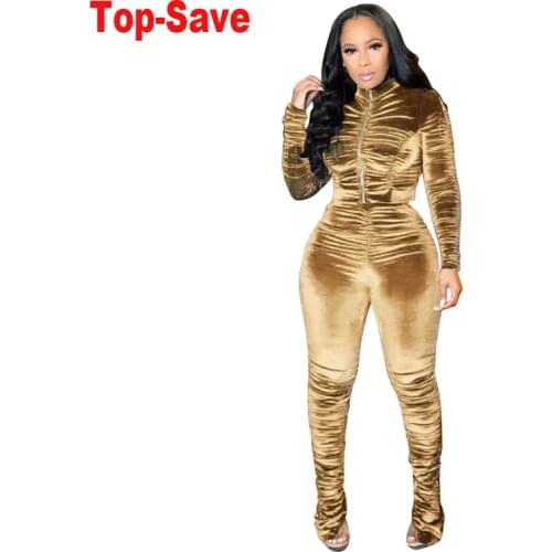 Casual Tracksuit Two Piece Set Women Tops And Pants Outfits 2020 Autumn Velvet Solid Sweatpants Ladies Pleated Stacked Leggings