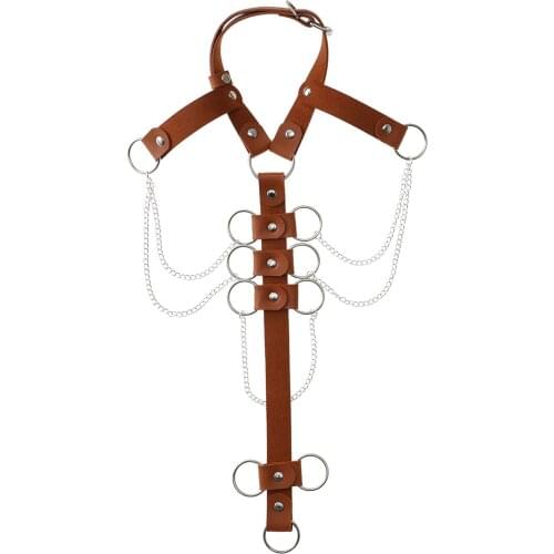 Women Sexy Metal Chain Caged Vest Layered Gothic Punk Leather Bustier Top Fashion Rivets Harness Waist Belt Pole Dance Costume