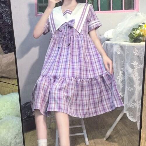 Japanese Sailor Collar Sweet Navy Style Long Style with Short Sleeve Cute JK Plaid Dress Womens 2020 New Summer sailor uniform