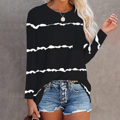 Women Striped Print T-shirt, Adults Loose Long Sleeve Round Neck Pullover With Pocket 2021 New Fashion