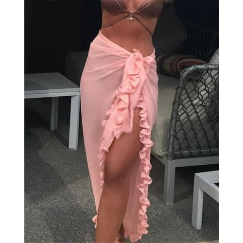 Women Cover-Ups Summer Women Bikini Wrap Chiffon Bathing Suit Swimwear Ruffles Solid Cover Up Skirts
