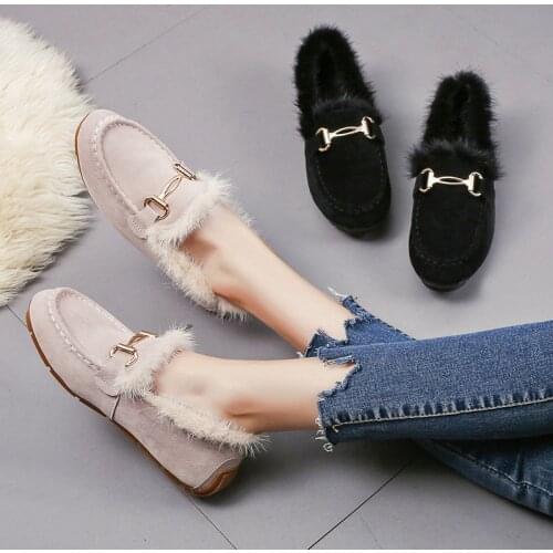 Women Shoes Plush Mules Office Shallow Sewing Loafers Slip On Ladies Shoes Comfortable Female Footwear Winter Warm Flats 2020